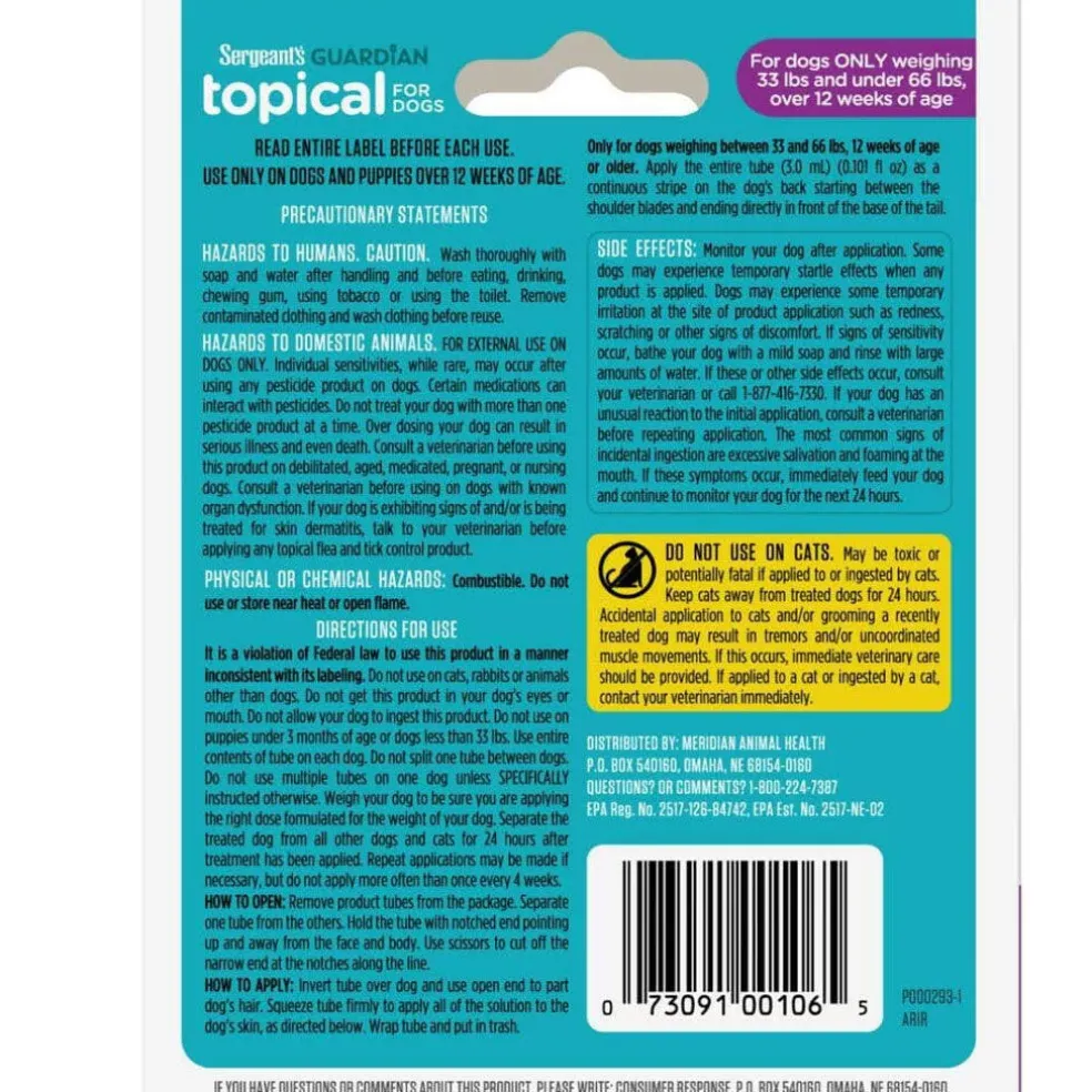 Sergeant's Guardian Flea & Tick Topical Treatment for Medium Dogs, 33–66lbs, 3-Month Supply