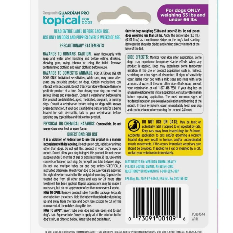 Sergeant's Guardian Pro Flea & Tick Topical Treatment for Medium Dogs, 33–66lbs, 3-Month Supply