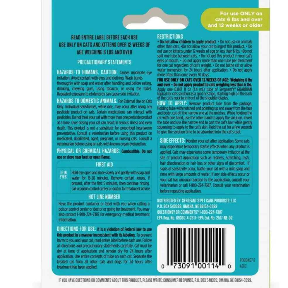 Sergeant's Guardian Topical for Cats 6 lbs and over, 3-month supply