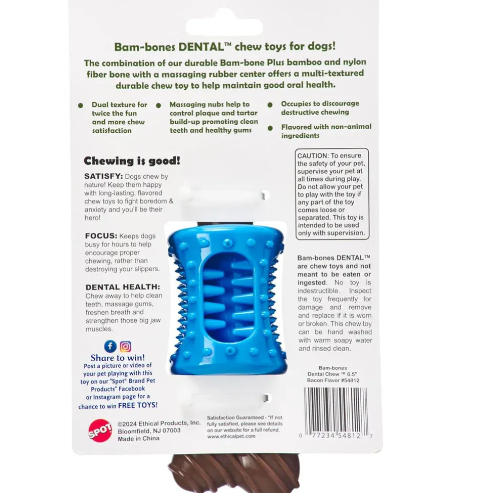 Spot Bam-Bones Dental Chew Toy For Dogs Bacon Flavor, 6.5"