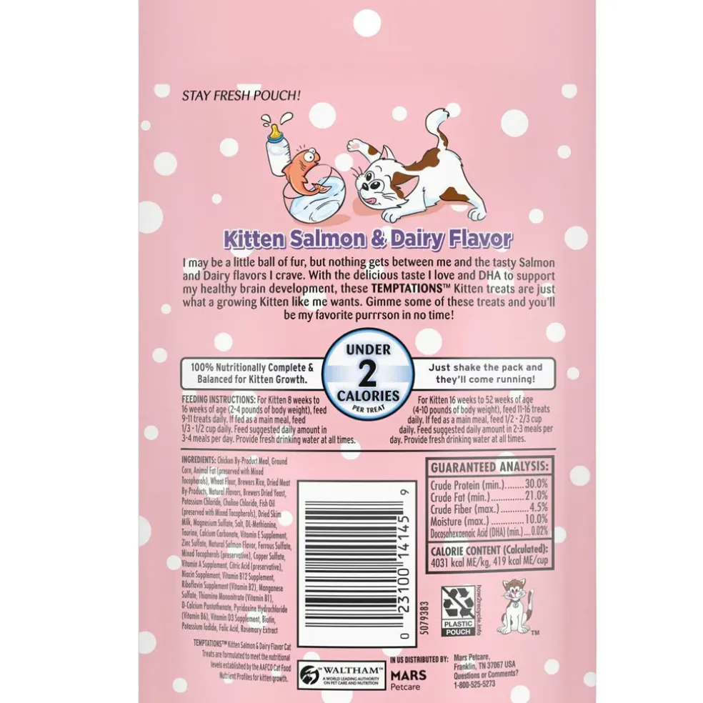 Temptations Salmon & Dairy Flavor Crunchy & Soft Kitten Treats, 3-oz