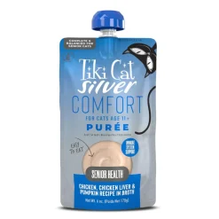 Tiki Cat Silver Comfort Chicken, Chicken Liver & Pumpkin Recipe in Broth Low Phosphorus Puree for Cats Age 11+ (6 oz x 6 pouches)