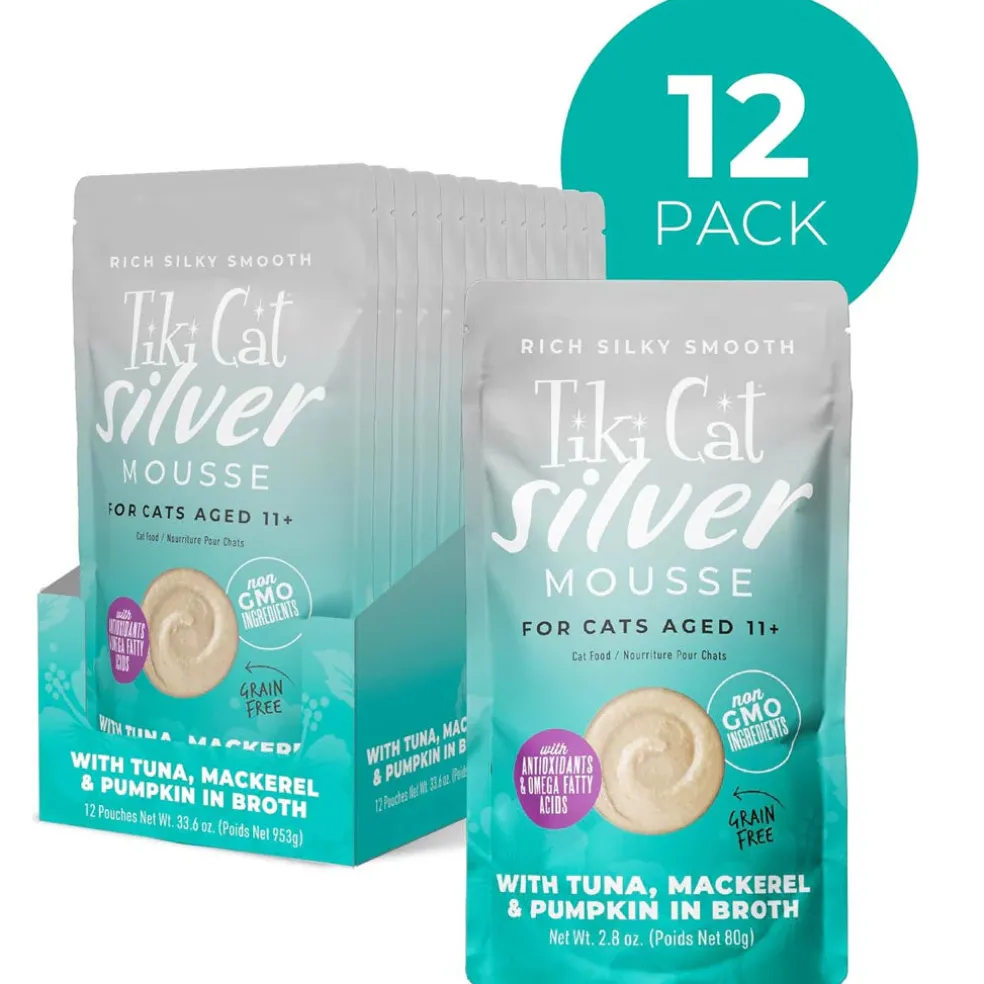 Tiki Cat Silver Mousse Tuna, Mackerel & Pumpkin Grain-Free Pate in Broth Wet Cat Food, 2.8-oz pouch, case of 12