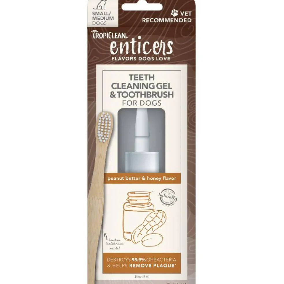 TropiClean Enticers Cleaning Gel & Toothbrush Peanut Butter Honey Flavor, 2-oz
