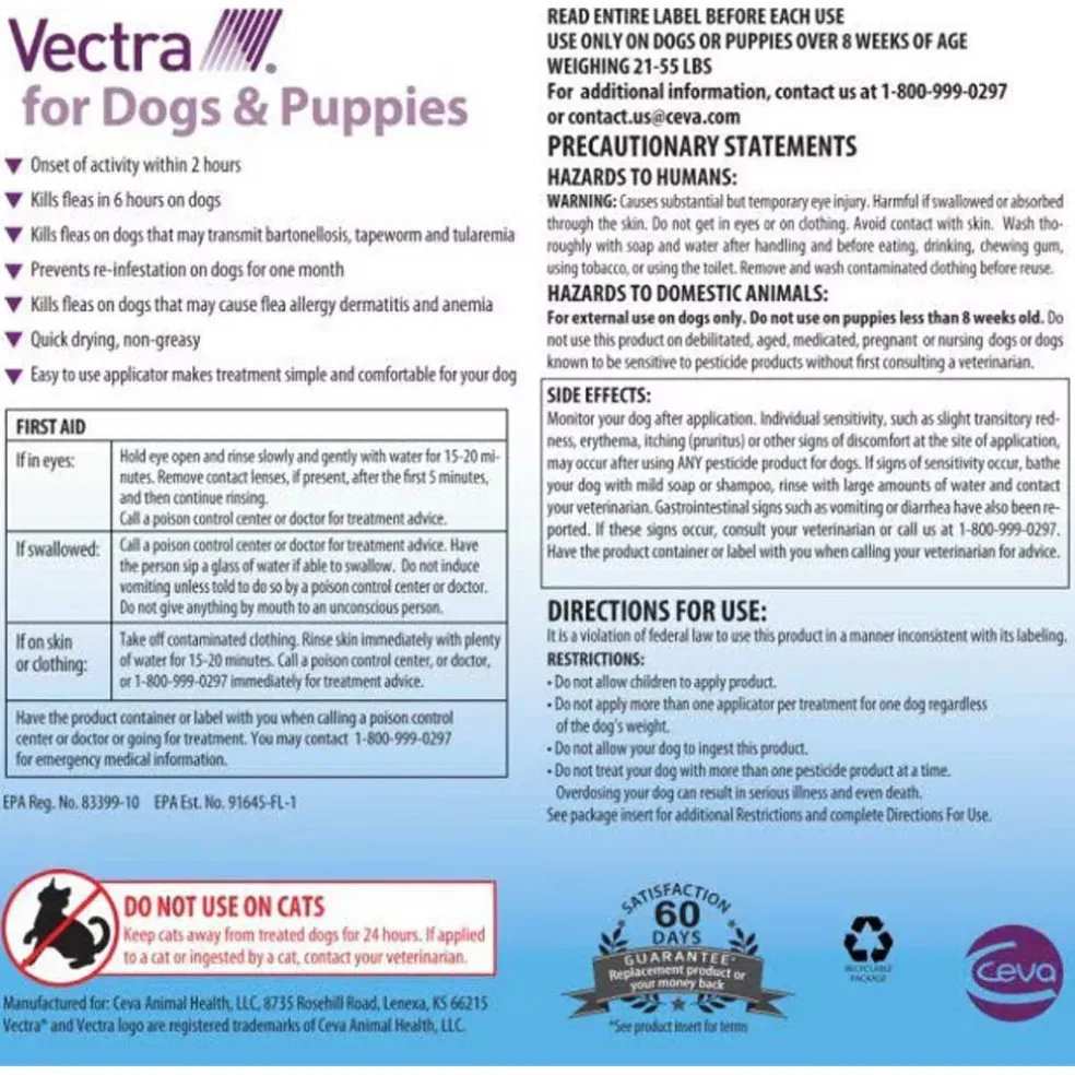 Vectra Flea and Tick Spot Treatment for Medium Dogs & Puppies, 21-55 lbs