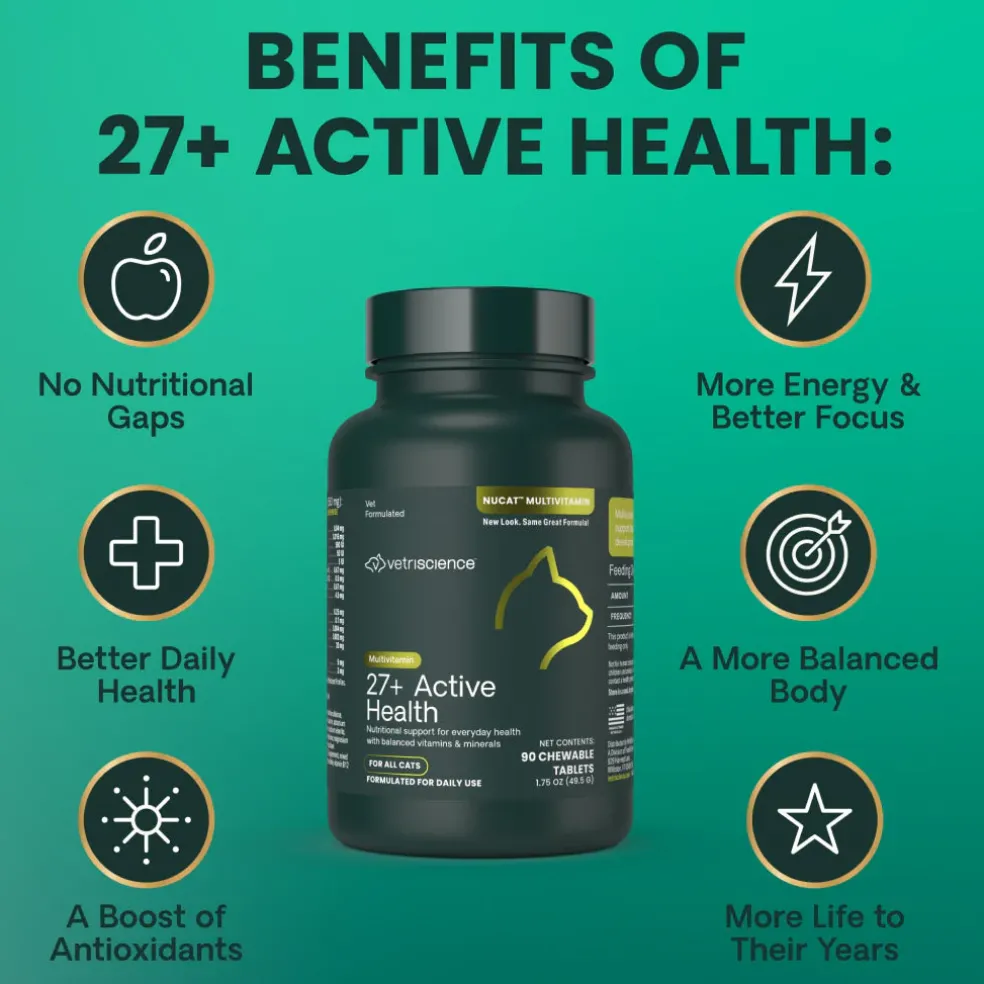 VetriScience 27+ Active Health NuCat Multivitamin Tablets for Cats (90 Chewable Tablets)