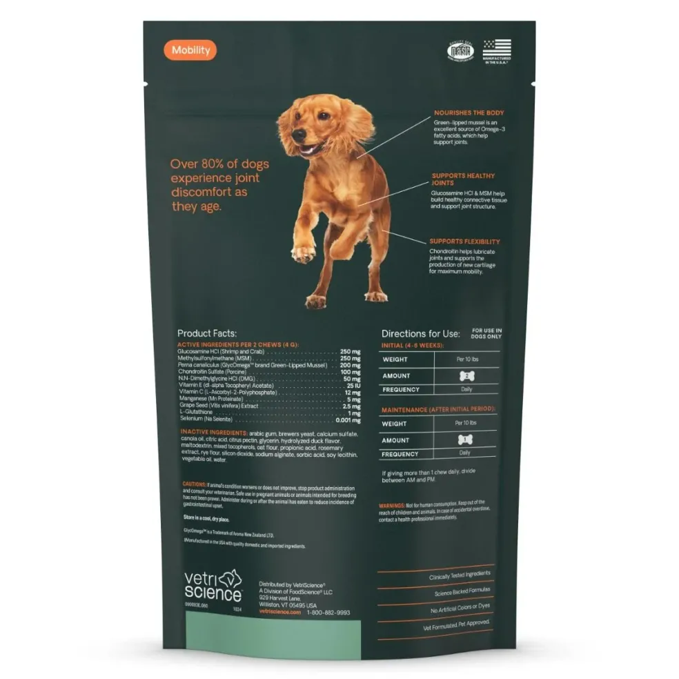VetriScience Extra Strength Healthy Hip & Joint GlycoFlex Plus for Small Dogs, Duck Flavor (60 Chews)
