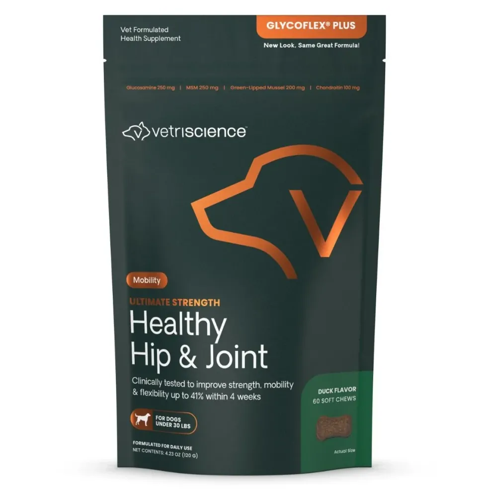 VetriScience Extra Strength Healthy Hip & Joint GlycoFlex Plus for Small Dogs, Duck Flavor (60 Chews)