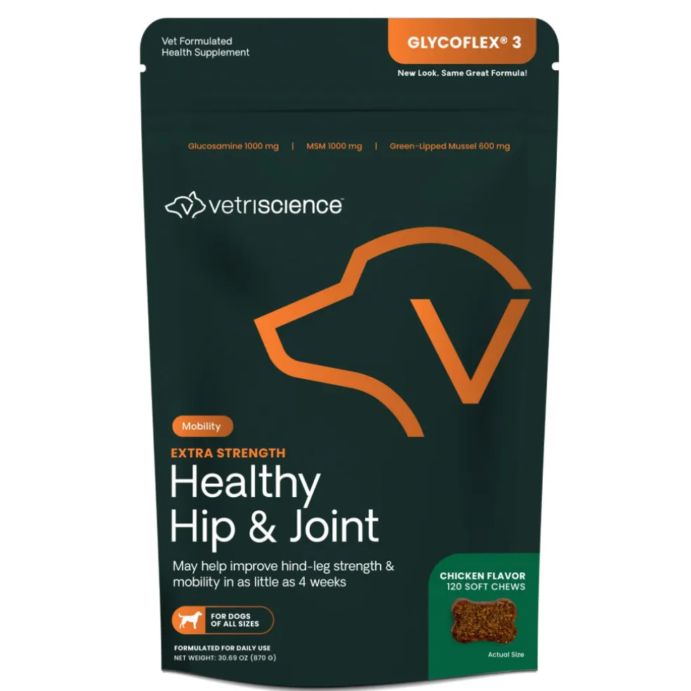 VetriScience GlycoFlex 3 Extra Strength Healthy Hip & Joint Chews for Dogs, Chicken Flavor (120 Soft Chews)