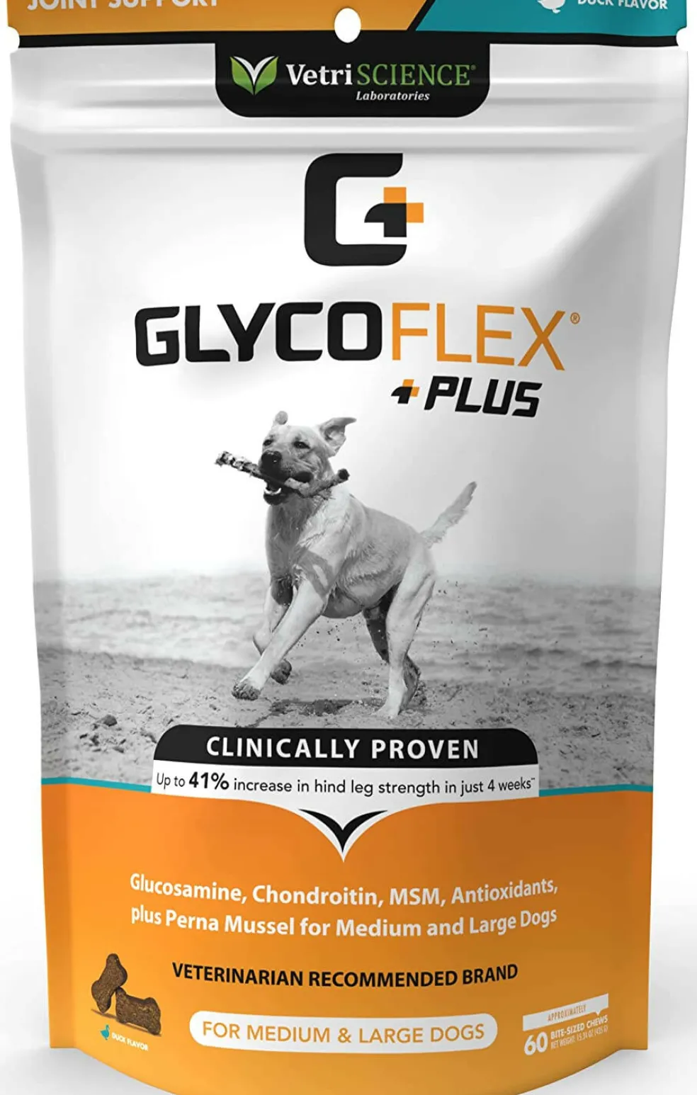 VetriScience Ultimate Strength Healthy Hip & Joint GlycoFlex Plus Soft Chews for Dogs, Duck Flavor