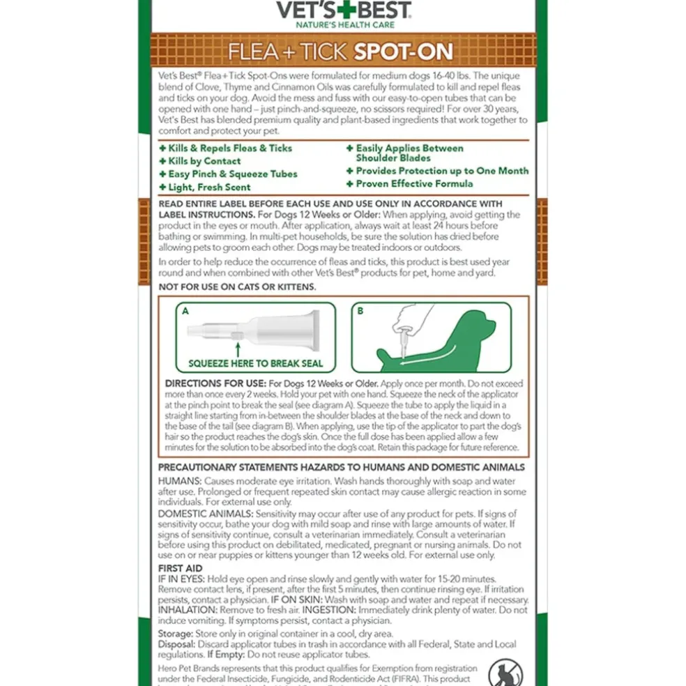 Vet's Best Flea & Tick Spot Treatment for Medium Dogs 16-40 lbs (4 doses)