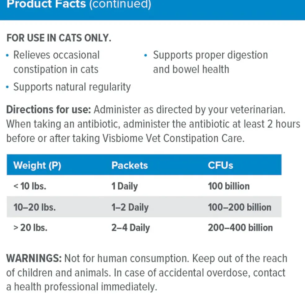 Visbiome Vet High Potency Probiotic Packets Constipation Care for Cats, 30-count