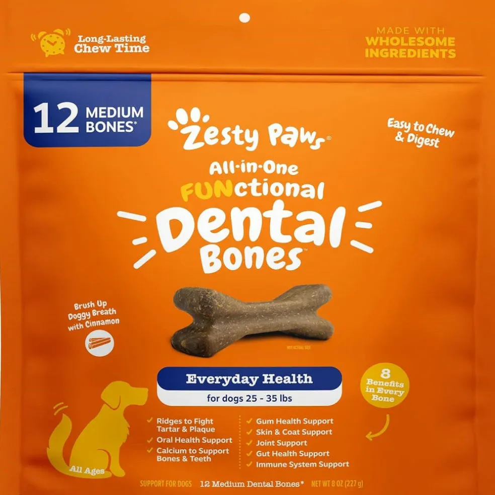 Zesty Paws All-in-One Functional Dental Bone Chews For Regular/Medium Dogs (12 bones)