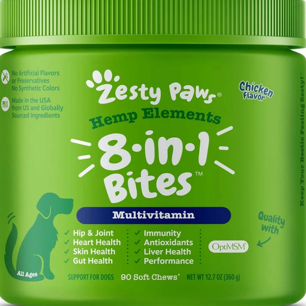 Zesty Paws Hemp Elements 8-in-1 Multifunctional Chicken Flavored Chews for Dogs (90 ct)