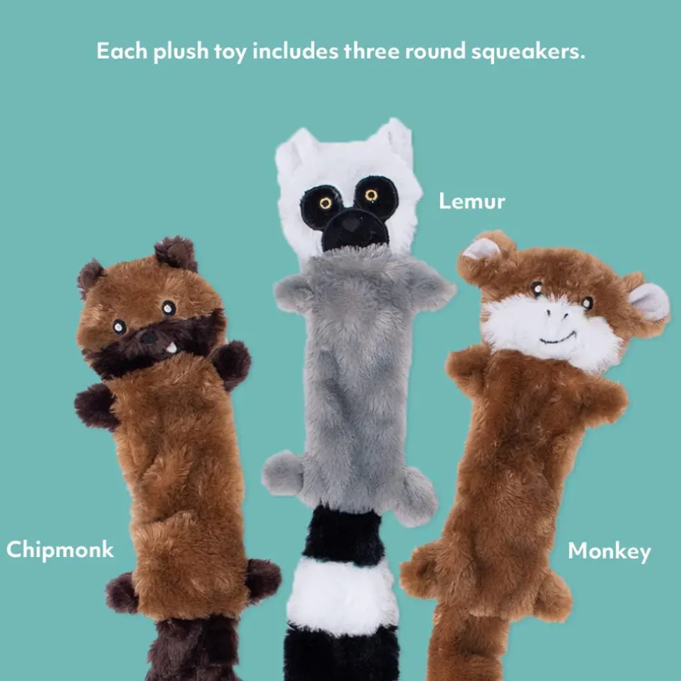 ZippyPaws Skinny Peltz Chipmunk, Lemur & Monkey Plush Dog Toy, Large, 3-pack